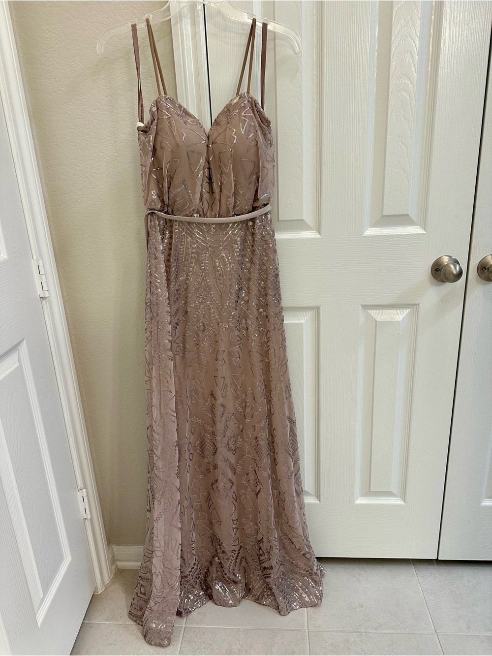 Women’s Taupe Sequin Evening Gown- perfect for weddings, galas, or prom!